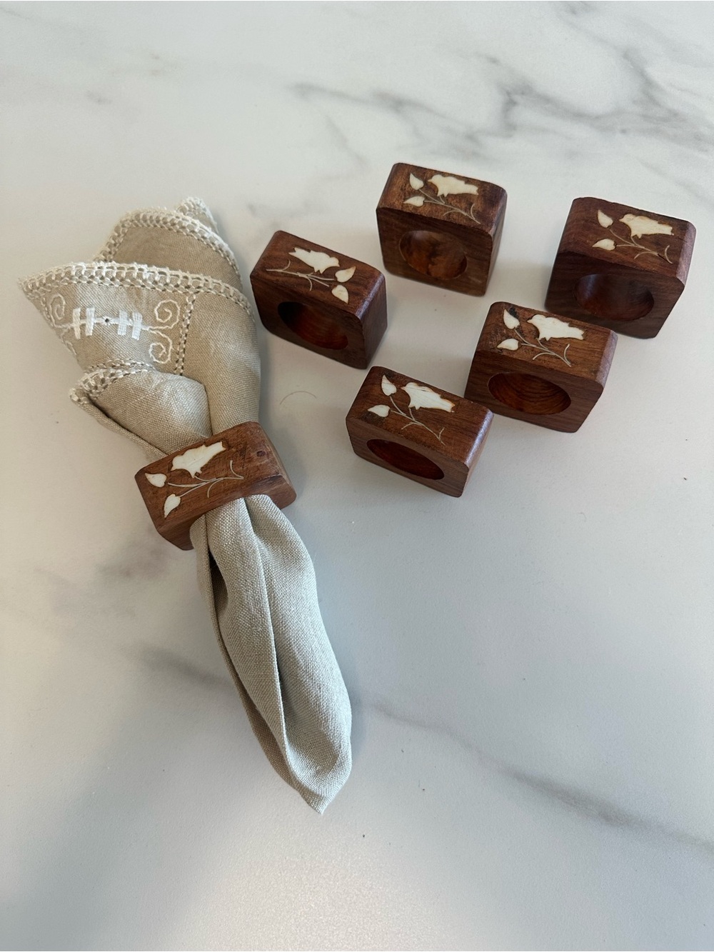 Carved Wood Brown Wooden Mother of Pearl Inlay Napkin Rings - Set of 6